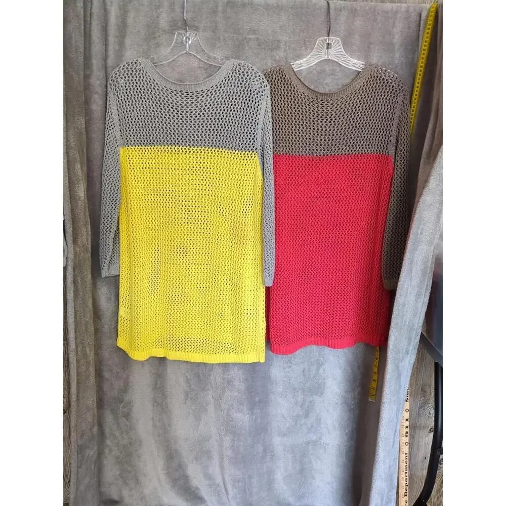Open Knit Sweaters Womens‎ XL Set Of 2 Long Tunics Sheer Layer Casual Colorblock